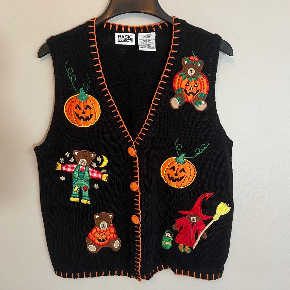 Basic Editions Halloween Teddy Bear Pumpkin Sweater Vest Black Vintage Med Fall